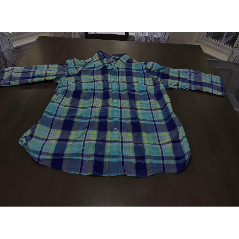 JCP Teal Blue Yellow Plaid 3/4 Sleeve Button Down Shirt Plus Size 1X